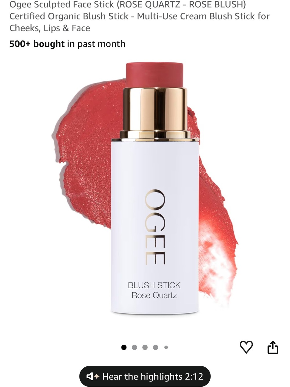 OGEE Sculpted Face Stick Blush Rose Quartz Organic 0.28 oz